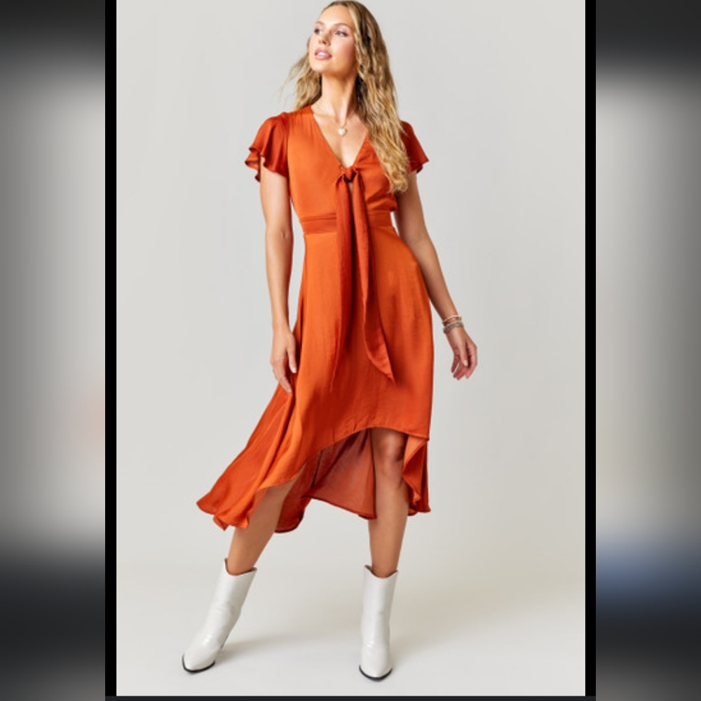 Francesca's Blue Rain Orange Courtney Front Tie High-Low Satin-y Midi Dress